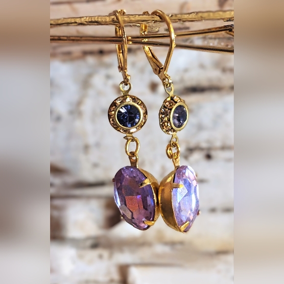 Tanzanite Sparkles Swarovski Purple AB And Flower Drop Down Earrings - Picture 2 of 5